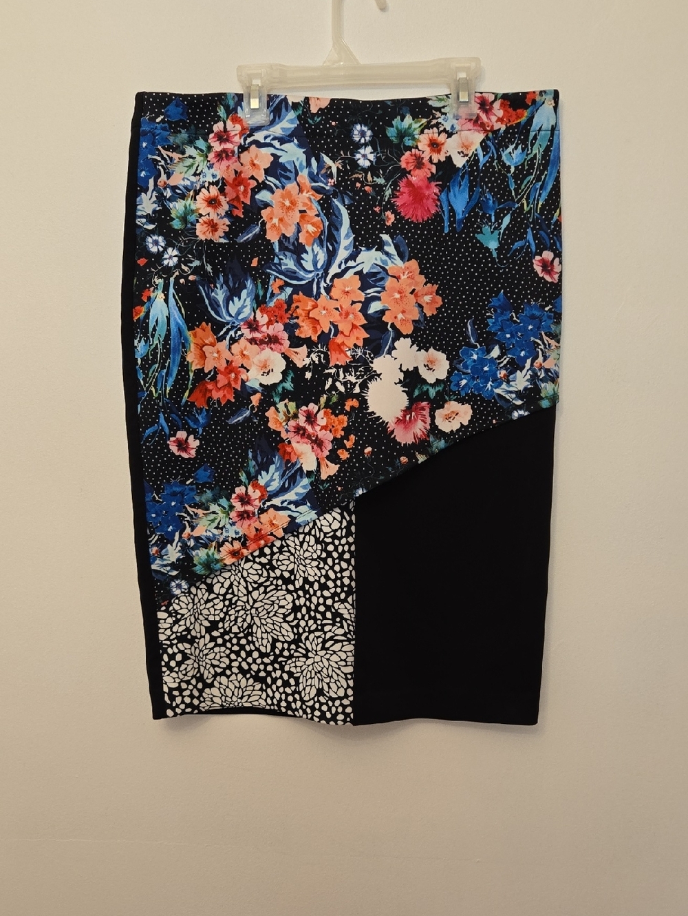 Nicole MIller Floral Panel Pencil Skirt in Black with Blue & Coral Accents
